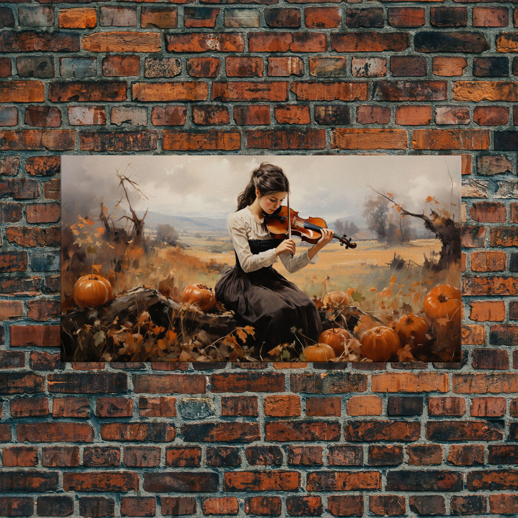 Girl Violinist, Fall Wall Decor, Pumpkin Decor, Canvas Print, Wall Hanging, Panoramic Art, Country Home Decor, Violin Wall Art, Gift For Her