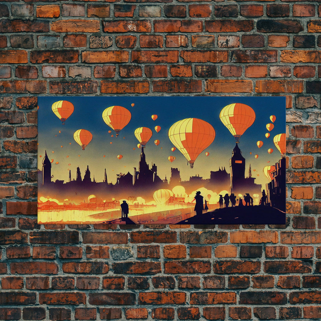 Flight of the balloons, hot air balloon armada, framed canvas print, ready to hang framed wall art