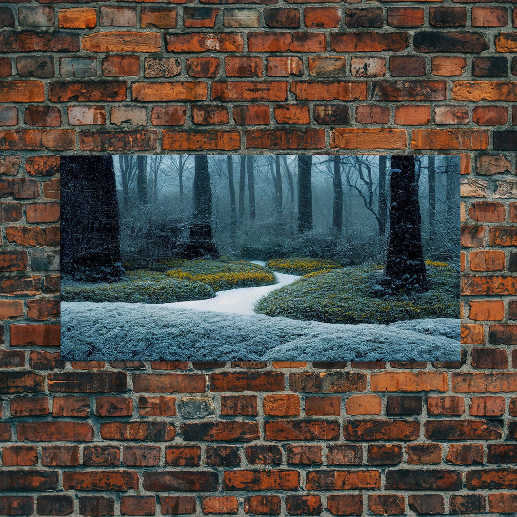 Cabin art, snow covered winter forest, winter vacation home art, framed canvas print, ready to hang framed wall art