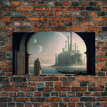 Load image into Gallery viewer, Two Moon Alien World, Dune Inspired Art, Framed Canvas Print, Scifi Art
