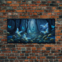 Load image into Gallery viewer, Magical Enchanted Fairy Forest, Fantasy Art, Framed Canvas Print, Bioluminescent Butterflies in an Enchanted Forest, Glowing Art
