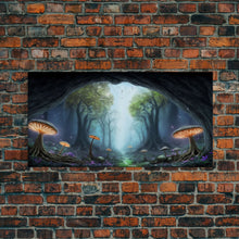 Load image into Gallery viewer, Magical Enchanted Mushroom Forest, Fantasy Art, Framed Canvas Print, Bioluminescent Butterflies in an Enchanted Forest, Glowing Art
