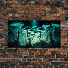 Carregar imagem no visualizador da galeria, The Forest Floor, Framed Canvas Print, Glowing Mushrooms, Bioluminescent Mushroom Art, Color fantasy wall art
