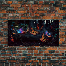 Carregar imagem no visualizador da galeria, Glowing butterflies, fantasy forest wall art, framed canvas print, mother&#39;s day, mom gift, monarch butterflies
