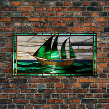 Load image into Gallery viewer, Emerald Green and Gold Art Deco Sail Boat, Framed Canvas Print, Retro MCM Style Wall Art, Midcentury Modern, Vintage Style, Stained Glass
