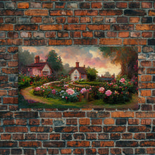 Load image into Gallery viewer, English cottage with rose garden, canvas print, cute English countryside wall art
