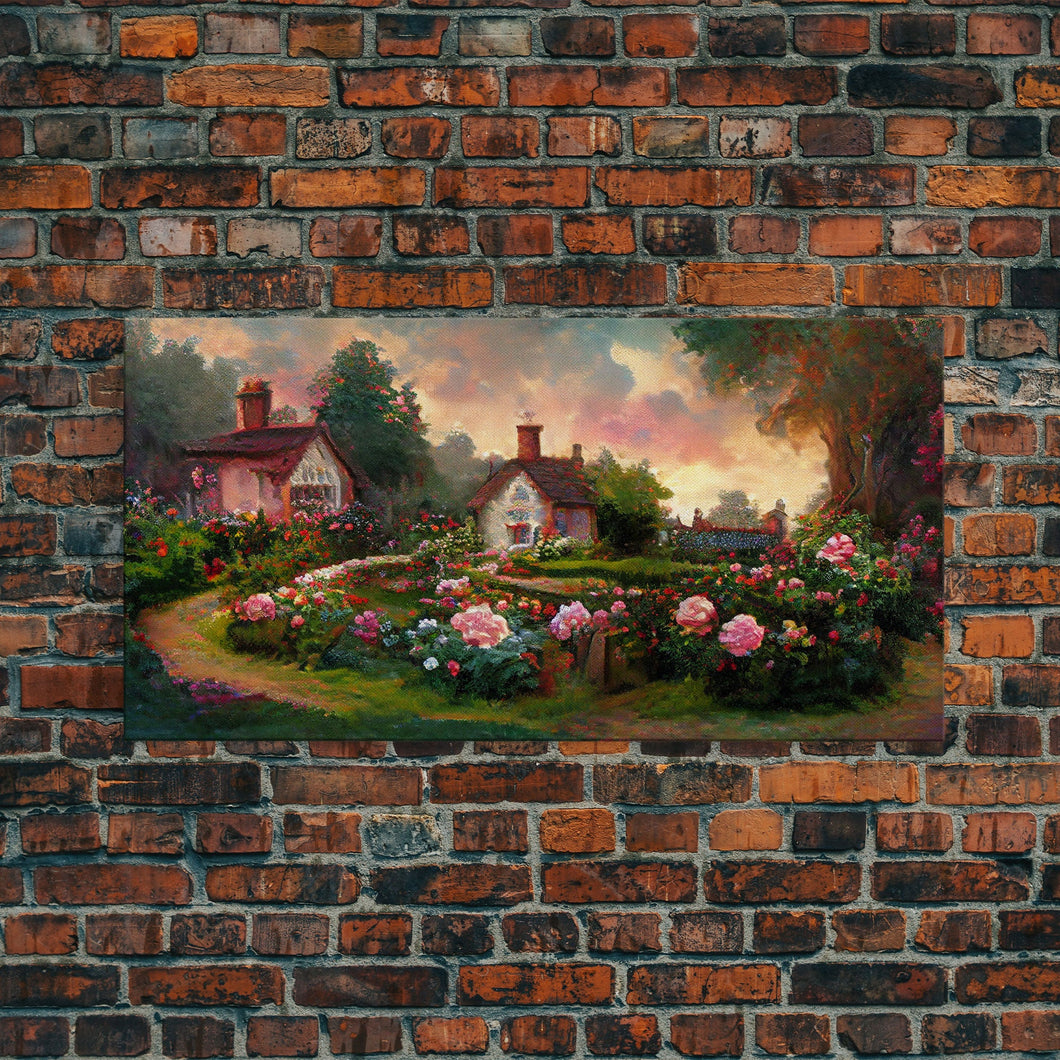English cottage with rose garden, canvas print, cute English countryside wall art