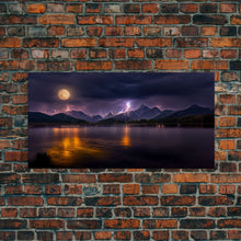 Carregar imagem no visualizador da galeria, Full moon canvas print, Lightning storm over a mountain lake at night, cool wall art, awesome wall art
