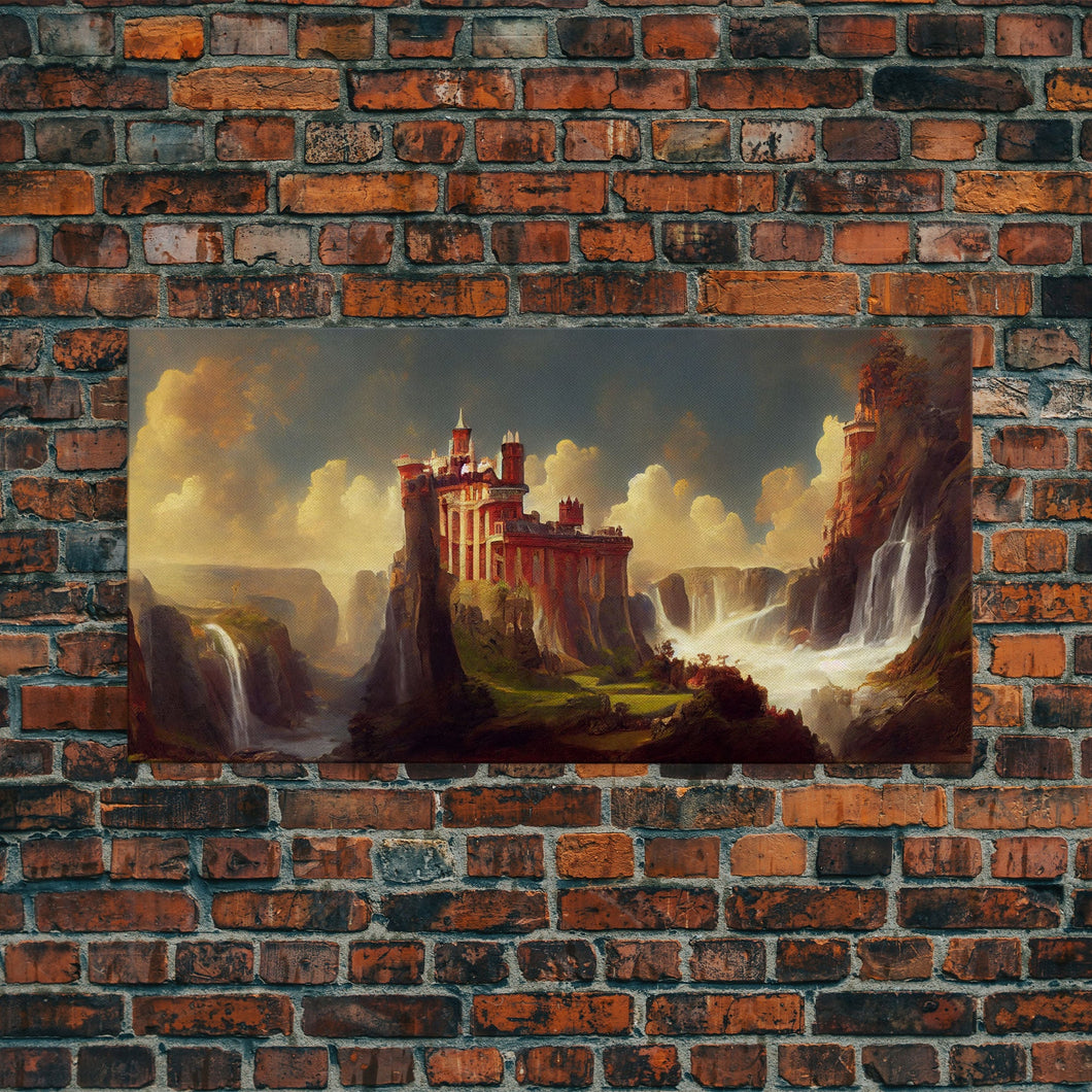 Fantasy wall art, canvas print, castle in the sky, castle atop mountains and waterfalls, watercolor