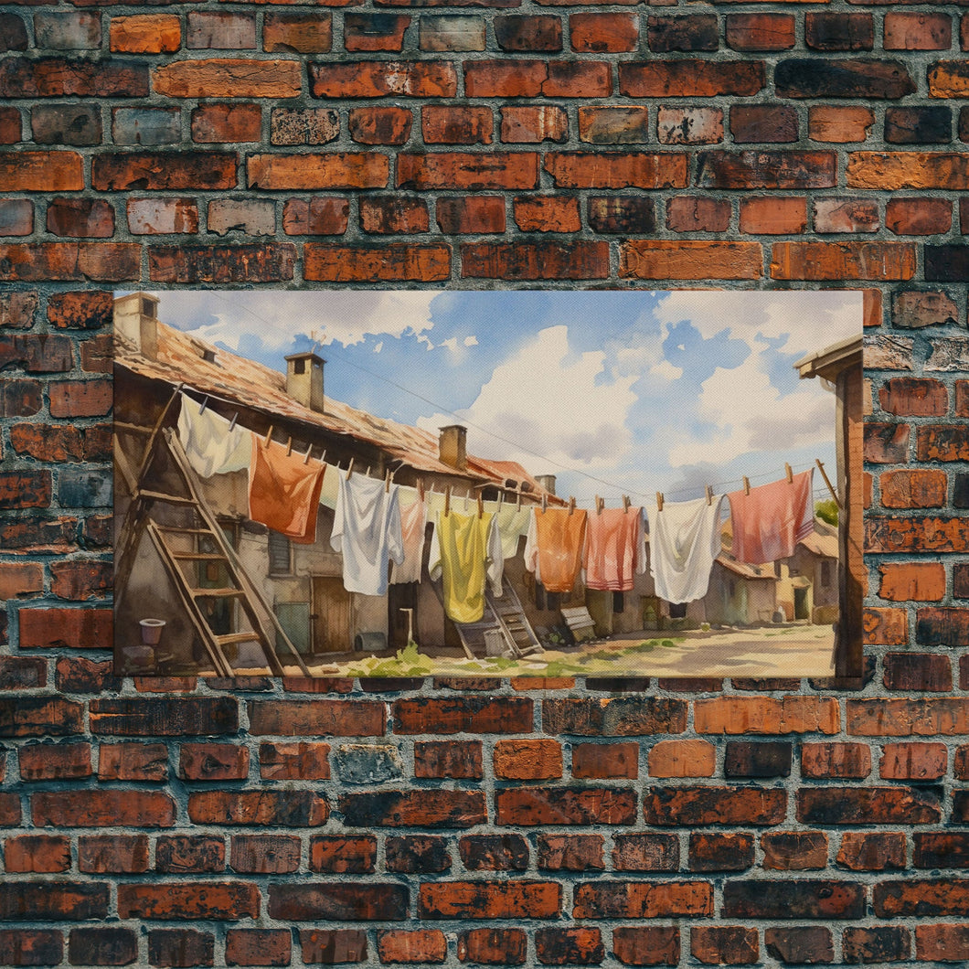 Watercolor Laundry In Village Wall Decor, Rural Wall Decor, Laundry Room, Panoramic Wall Decor, Canvas Print, Wall Art, Framed Canvas Art