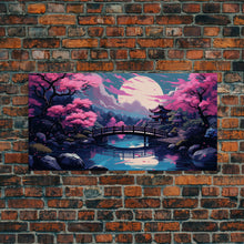 Load image into Gallery viewer, Japanese Art- Wabi Sabi Style Japanese Synthwave Pagoda, Game Room Art, Framed Canvas Print, Framed Art, Framed Painting, Retro Aesthetic
