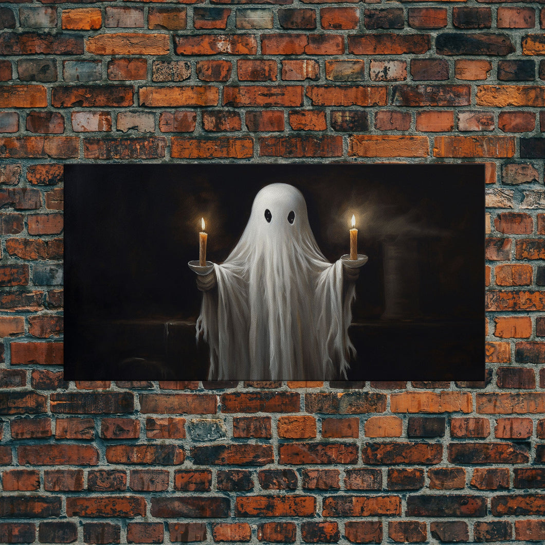 Cute Ghost Holding Candles, Framed Canvas Print, Dark Academia Wall Art, Victorian Oil Painting Style Halloween Wall Art, Ghost Print