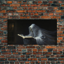 Load image into Gallery viewer, The Reading Ghost, Framed Canvas Print, Victorian Oil Painting Style, Spooky Halloween Decor, Goth Art
