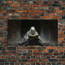 Load image into Gallery viewer, Grim Reaper Reading A Book In A Haunted Library, Framed Canvas Print, Victorian Oil Painting Style, Spooky Halloween Decor, Goth Art
