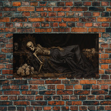 Load image into Gallery viewer, Eternal Slumber, Framed Canvas Print, Creepy Victorian Oil Painting, Halloween Art Prints, The Sleeping Skeleton Painting
