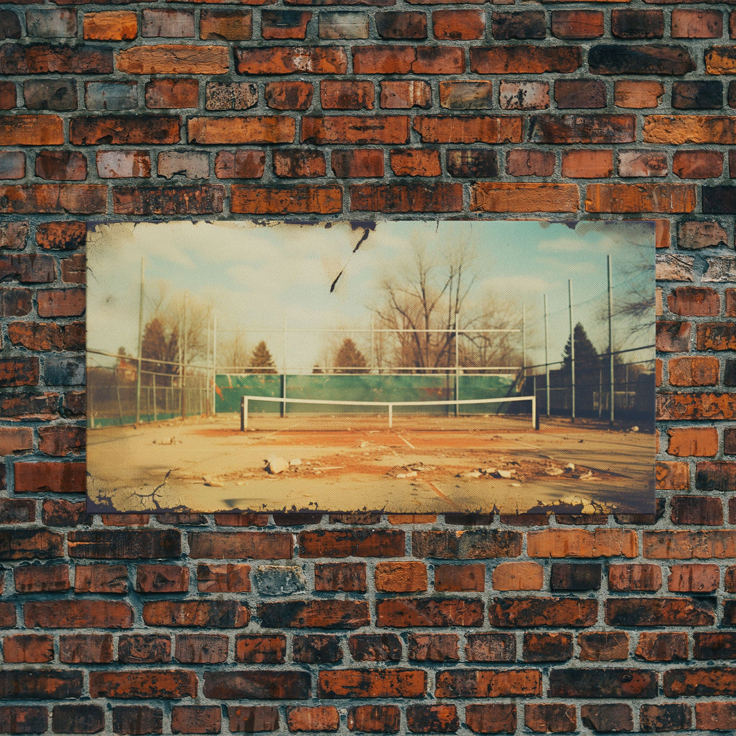 An Abandoned Tennis Court - Old Found Footage Photography - Framed Canvas Print - Urban Decay - Vaporwave Wall Art