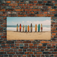 Carregar imagem no visualizador da galeria, Boho Beach Decor, Framed Canvas Print, Retro Surf Boards In The Sand, Living Room Decor, Gift For Him, Surfer Gift
