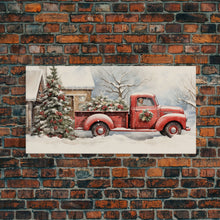 Cargar imagen en el visor de la galería, Christmas Tree Delivery - Retro Farmhouse Christmas Decor - Old Red Truck Delivering Christmas Trees - Framed Canvas Print - Holiday Decor
