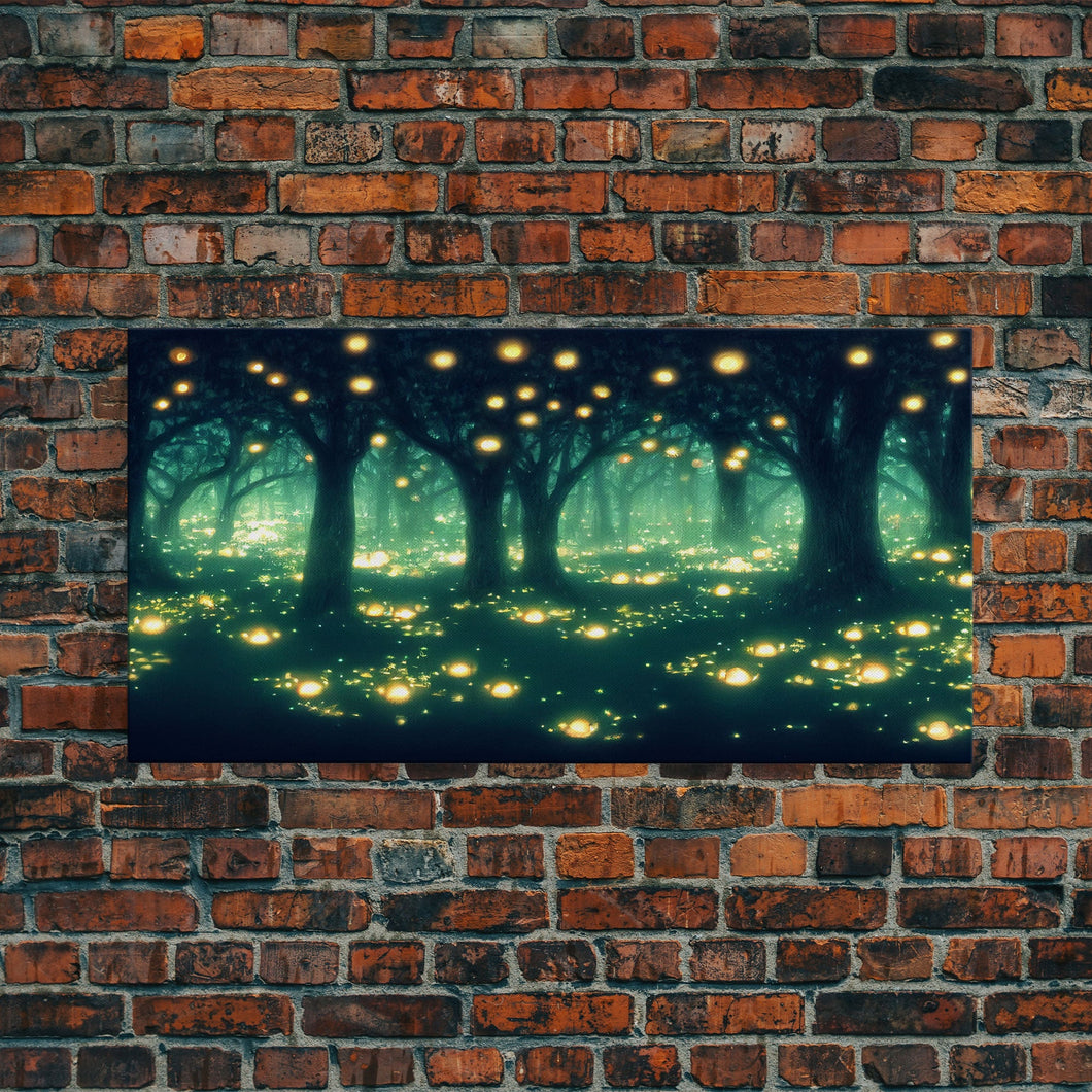 Fireflies At Night In A Fantasy Forest,  Framed Ready To Hang Canvas Print, beautiful wall art, guest room decor