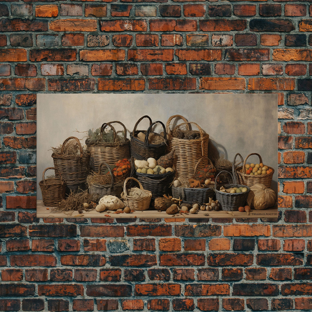 Cornucopia Wall Art, Basket Wall Decor Framed Canvas Print, Boho Wall Art, Wicker Round Bowl Art, Wicker Wall Art Print, Fall Decor