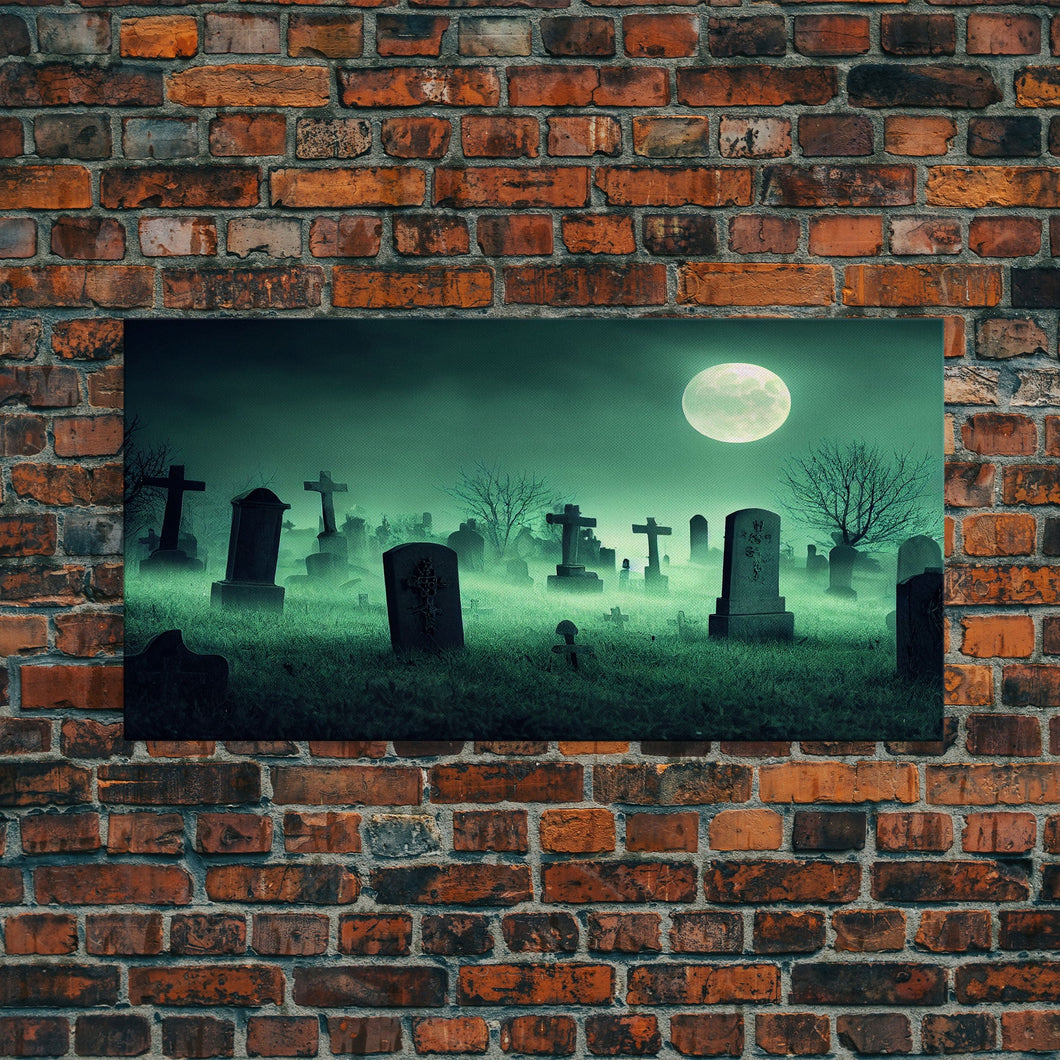 Full Moon Over A Haunted Cemetery At Night, Spooky Creepy Graveyard, ready to hang canvas print wall art, Halloween Art