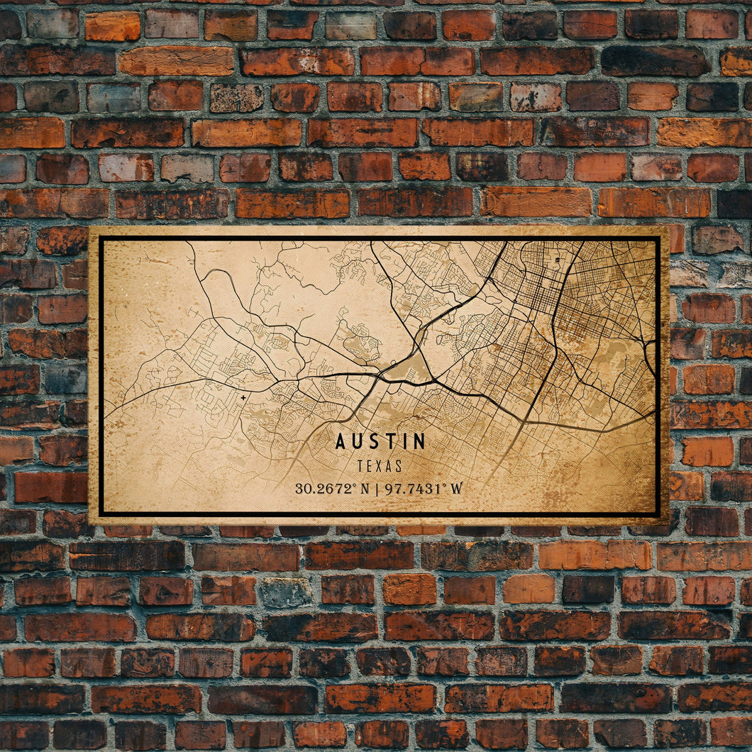 Austin Map Print Canvas or Poster, Texas Map Art, Texas Map Print, Vintage Austin Texas Map Framed Art, Retro / Distressed Office Art