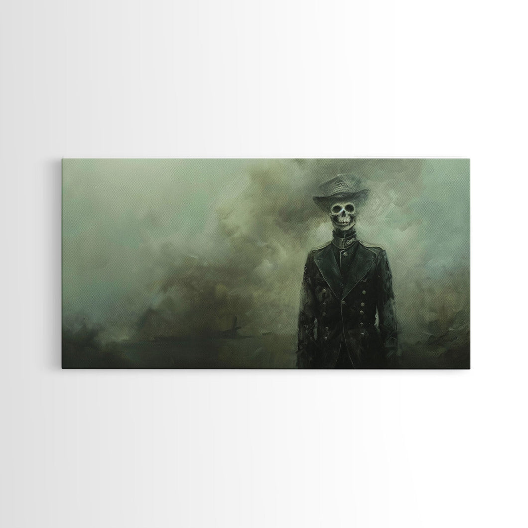 Dapper Skeleton In The Fog, Framed Canvas Print, Halloween Decor, Macabre Dark Academia Wall Art