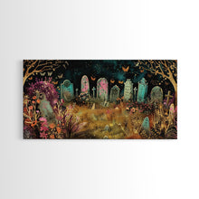 Load image into Gallery viewer, Colorful Haunted Grave Yard In The Spring Time, Framed Canvas Print, Spooky Wall Art, Halloween Spooky Season Decor
