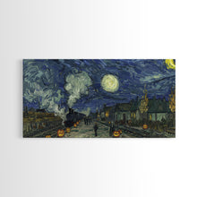 Load image into Gallery viewer, Starry Night Inspired Haunted Steam Train, Framed Canvas Print, Spooky Halloween Wall Art
