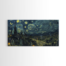 Load image into Gallery viewer, Starry Night Inspired Haunted Cemetery Framed Canvas Print, Halloween Wall Decor, Art Prints, Creepy Art
