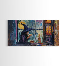 Load image into Gallery viewer, Witch Eatin&#39; a Slice of Pizza, Framed Canvas Print, Witchy Decor, Impasto Style Halloween Wall Art
