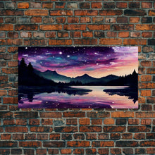 Carregar imagem no visualizador da galeria, Beautiful lake at night canvas print, purple and pink sunset night sky, wall art canvas, lake front view, guest room wall art
