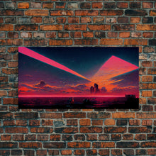 Load image into Gallery viewer, Cyberpunk lake art, city canvas, video game concept art, living room wall art, dystopian art, outrun city at sunset, man cave canvas print
