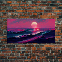 Load image into Gallery viewer, Synth wave sunset, ocean painting canvas print, outrun style, sun set art, wall decor, Made in Texas, ocean sunset, beach vaporwave
