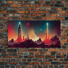 Carregar imagem no visualizador da galeria, Art deco style space canvas print, space ship art, space art, outrun style, sci-fi themed art print, science fiction, space exploration
