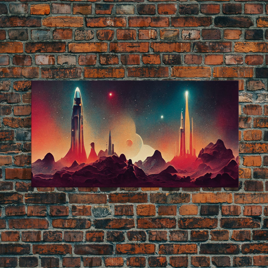 Art deco style space canvas print, space ship art, space art, outrun style, sci-fi themed art print, science fiction, space exploration