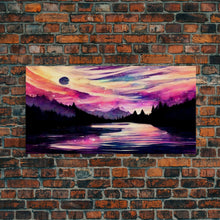 Carregar imagem no visualizador da galeria, Beautiful lake at night canvas print, purple and pink sunset night sky, wall art canvas, lake front view, guest room, surreal Lakehouse Art
