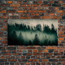 Load image into Gallery viewer, Framed Canvas Print, Pine Tree Forest, Misty Forest Landscape, Fog Covered Mountain, Nature Landscape Decor
