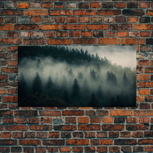 Carregar imagem no visualizador da galeria, Foggy pine forest, Canadian forest art, framed canvas print, farmhouse decor, misty forst landscape
