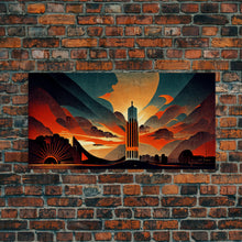 Cargar imagen en el visor de la galería, Dystopian metropolis canvas print, ready to hang wall art, art deco sunset, 1930s architecture, living room art, art nouveau
