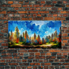 Carregar imagem no visualizador da galeria, Beautiful Forest Sunset Oil Painting Canvas Print, Blue Skies and Fall Trees, Autumn, Ready to hang gallery wrapped nature canvas print

