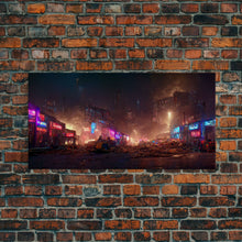 Load image into Gallery viewer, Destitute cyberpunk city with neon signs wall art, Bladerunner vibes art, synthwave style art, cool wall art
