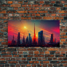 Load image into Gallery viewer, Dystopian Cyberpunk canvas print, cyber punk city at sunset, Bladerunner vibes art, synthwave style art, cool wall art, night city
