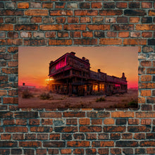 Load image into Gallery viewer, Abandoned wild west saloon at sunset canvas print, travel photography art, outrun sunset ready to hang wall art
