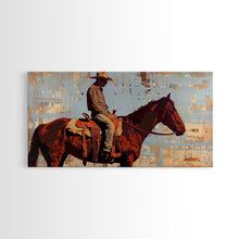Load image into Gallery viewer, Cowboy on Horse with Rustic Background, Stunning Wall Art, Framed Canvas Print, Boho Bedroom Decor, Western Home Decoration
