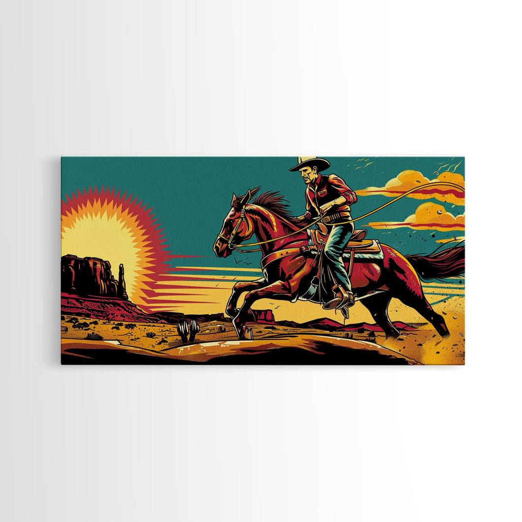 Cowboy Riding Through Desert, Southwestern Landscape Art, Framed Canvas Print, Boho Decor, Desert Art, Rustic Wall Art