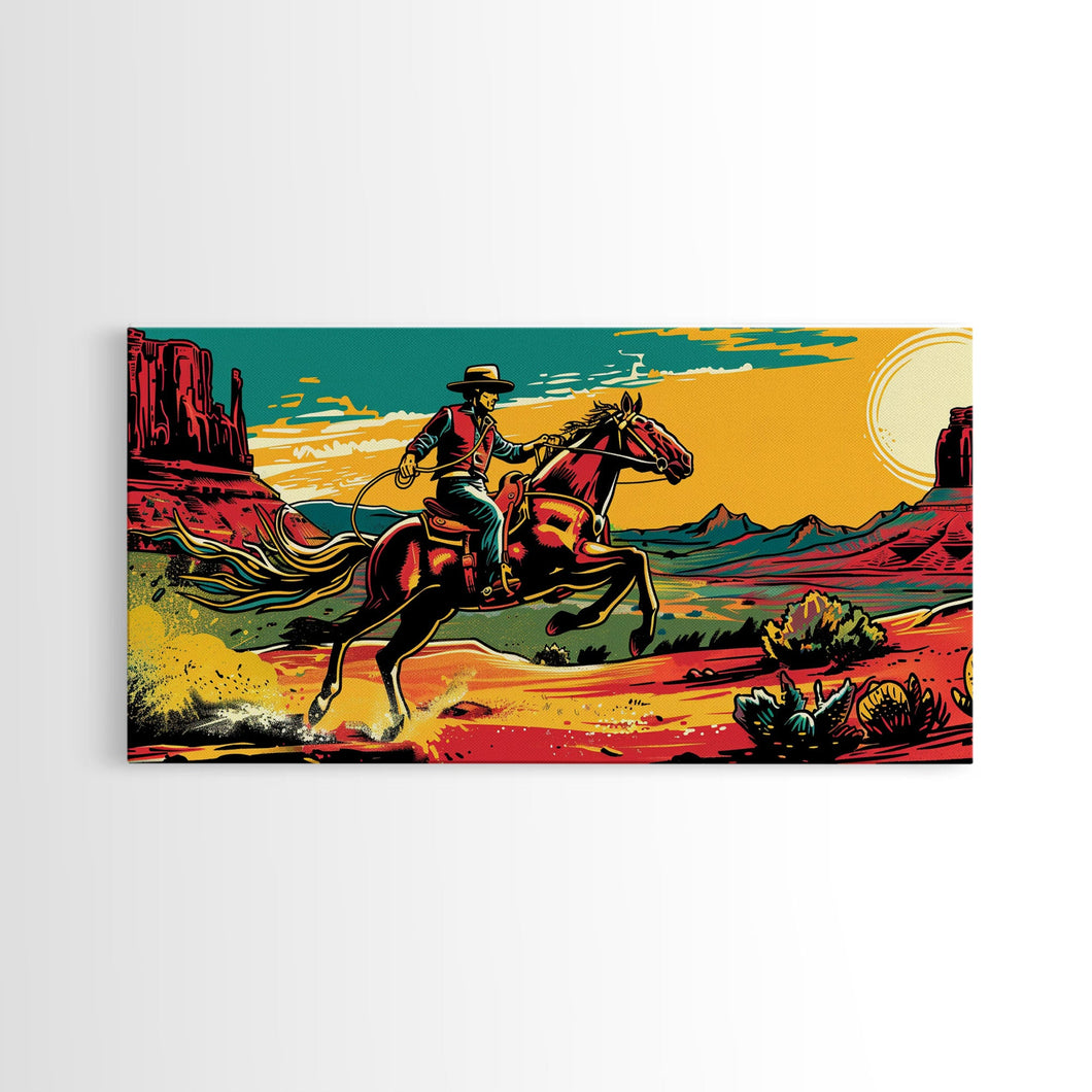 Cowboy Galloping in Desert, Vibrant Sunset Western Art, Framed Canvas Print, Farmhouse Decor, Colorful Wall Art, Cowboy Theme