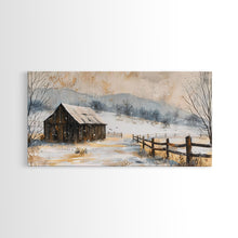 Load image into Gallery viewer, Snowy Barn in Winter Field, Framed Canvas Print, Rustic Wall Art, Living Room Decor, Farmhouse Style, Winter Landscape
