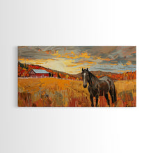 Carregar imagem no visualizador da galeria, Black Horse in Autumn Field with Red Barn, Perfect Farmhouse Art, Framed Canvas Print, Rustic Wall Decor, Living Room Decoration

