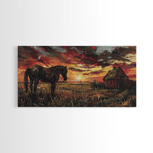 Load image into Gallery viewer, Dark Horse at Sunset with Barn, Stunning Abstract Art, Framed Canvas Print, Boho Wall Art, Bedroom Decor, Unique Home Decoration
